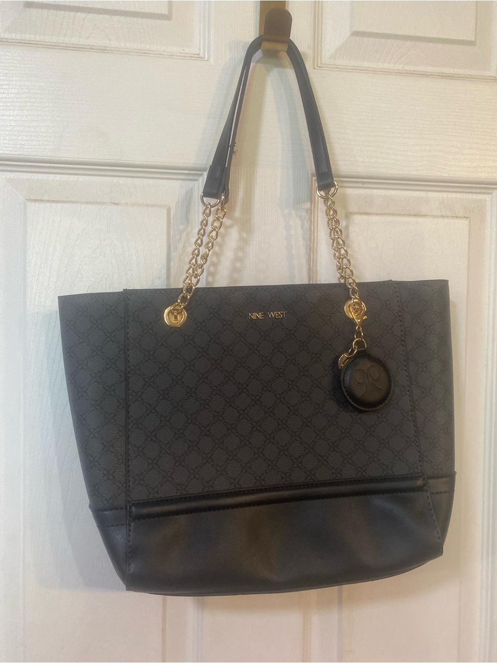 Nine West Black Quilted-Pattern Tote with Gold Chain Handles